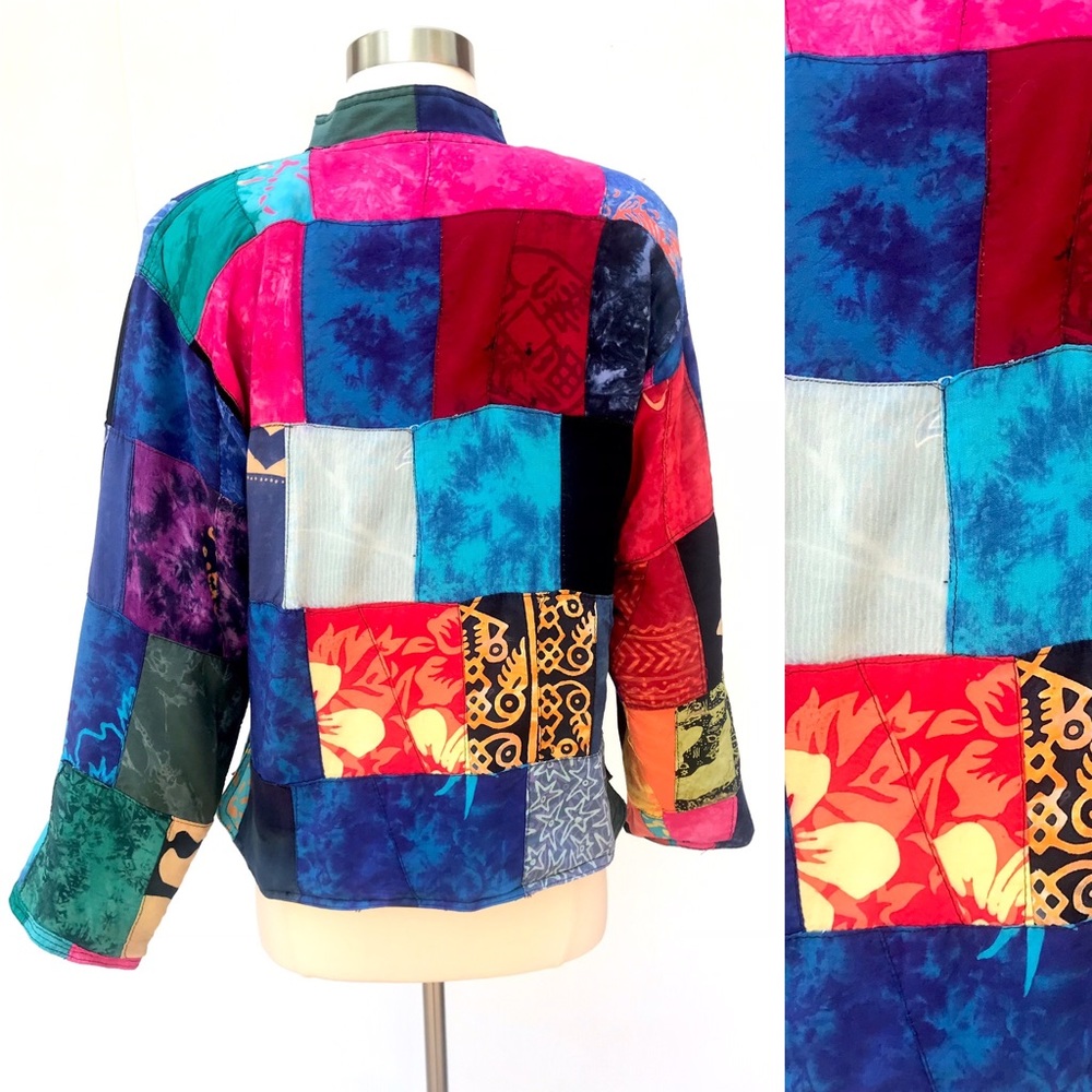 Vintage Patchwork Quilt Batik Mandarin Collar Ray… - image 6